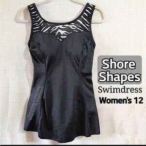 Shore Shapes Black White Swimdress Shelf Bra Tummy Control Womens 12 Large EUC
